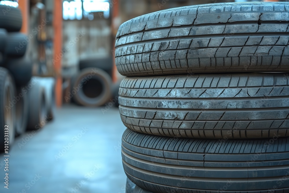 Stacked used tires at garage with blurred background Stacked used tires at garage with blurred background