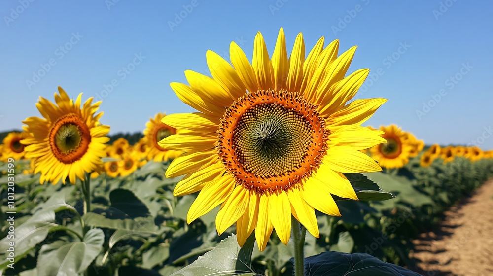 A field of vibrant yellow sunflowers blooming under a blue sky, with a single sunflower in focus.