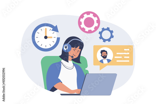 Contact us concept in modern flat design for web. Woman in headset working in technical support, answering 24 hours to clients message or question, chatting and finding solutions. Vector illustration.