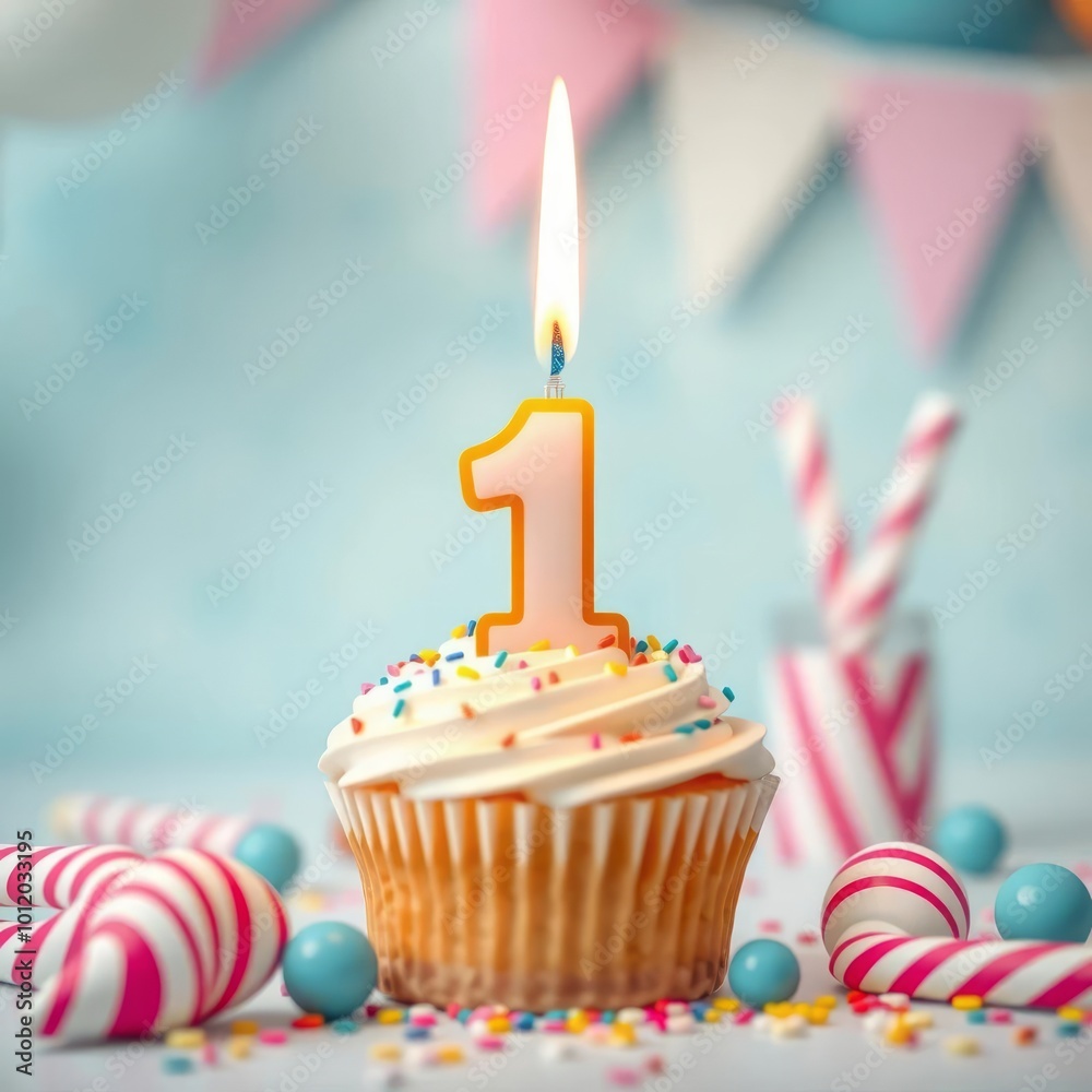 First birthday celebration theme with cupcake candle and party accessories happy first birthday