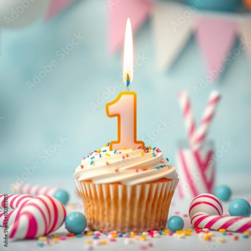 Obraz na płótnie First birthday celebration theme with cupcake candle and party accessories happy first birthday w salonie