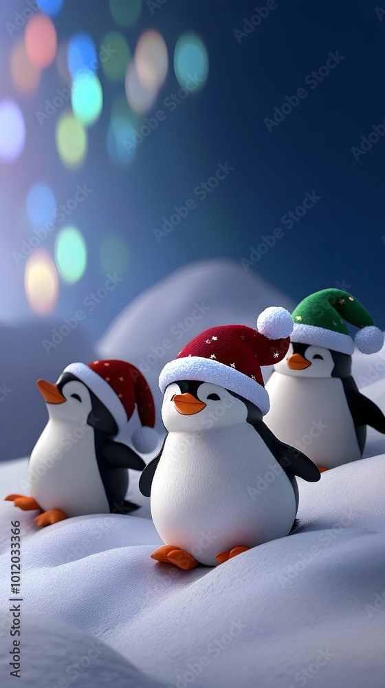 Obraz premium Three penguins wearing red hats and green hats are standing on a snowy hill