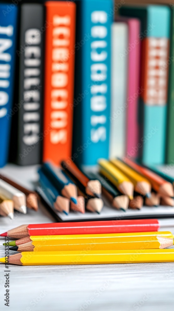 A row of colorful pencils on a white surface, with a blurred background of books. A row of colorful pencils on a white surface, with a blurred background of books.