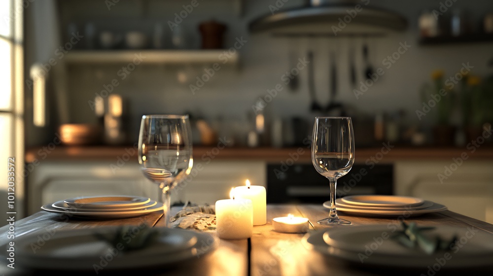 A romantic dinner setting with candles and wine glasses on a wooden table in a cozy kitchen. A romantic dinner setting with candles and wine glasses on a wooden table in a cozy kitchen.