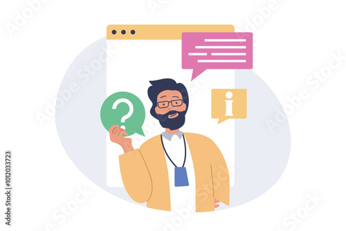 Contact us concept in modern flat design for web. Man chatting online with operator of support center, getting advice and information, finding solutions for his questions in info. Vector illustration.