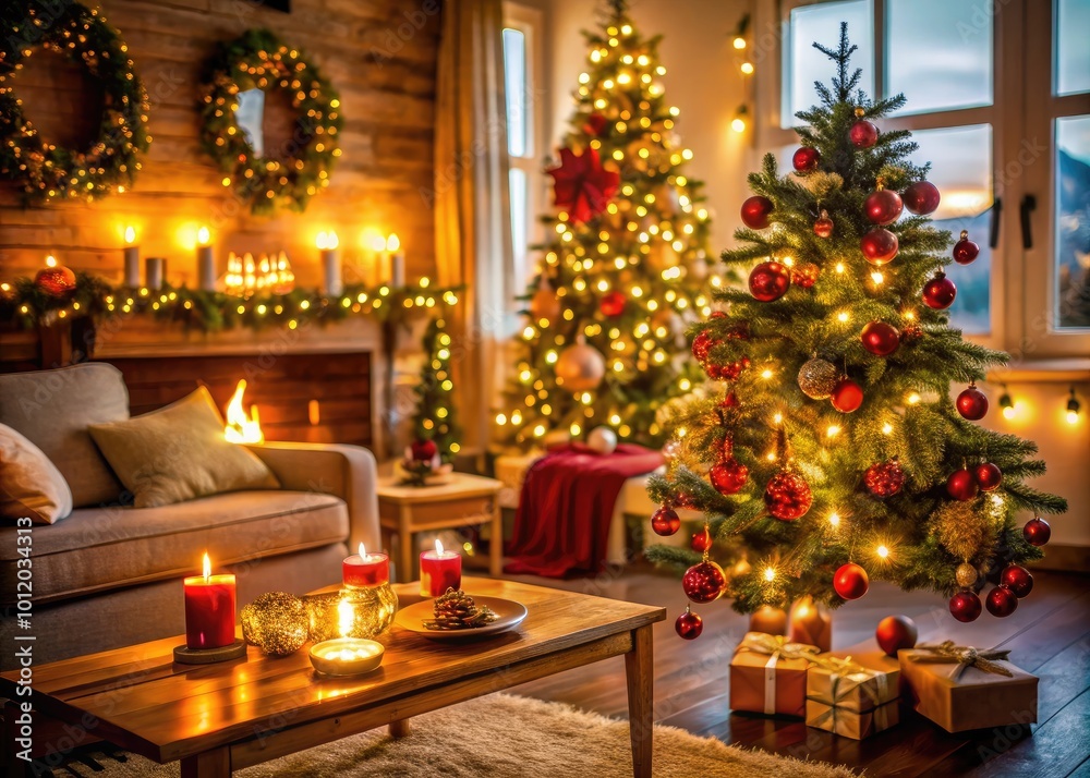 Cozy Christmas Decor in a Happy Home with Festive Lights, Ornaments, and Warm Atmosphere Cozy Christmas Decor in a Happy Home with Festive Lights, Ornaments, and Warm Atmosphere