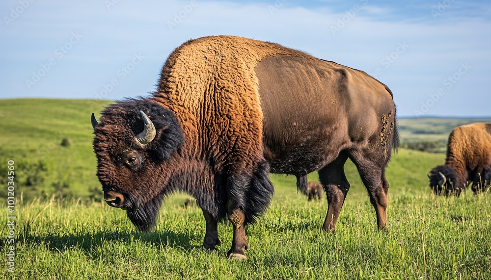 Majestic American bison grazing peacefully on lush grasslands, embodying the serene beauty of wildlife in their natural habitat. Majestic American bison grazing peacefully on lush grasslands, embodying the serene beauty of wildlife in their natural habitat.