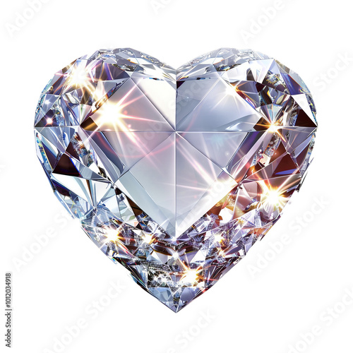 Sparkling heart shaped diamond reflecting light on white background