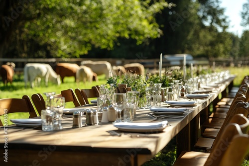 A beautifully set outdoor dining table in a lush rural setting, surrounded by greenery and grazing livestock, under the warm sun.