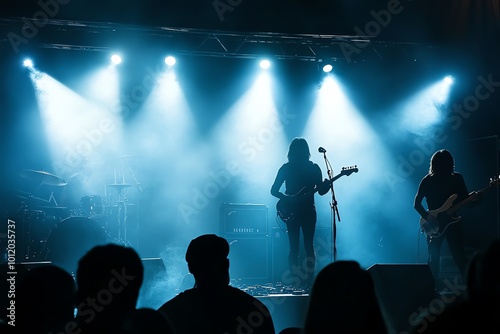 Silhouetted band performing live on stage with blue lighting and audience in the foreground at a lively music concert.