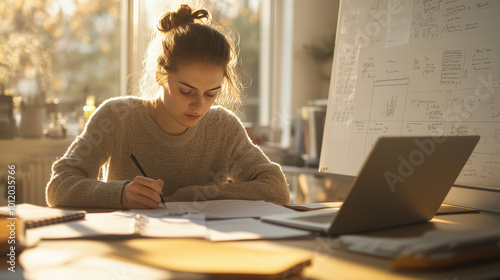 Graduate student, girl studying at desk focusing on writing research with laptop, notebook, handwritten notes, diagrams, scrattered academic papers and large whiteboard. High education concept