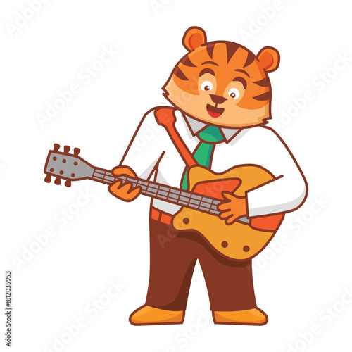 Funny tiger playing guitar.Cute rockstar tiger.Animal cartoon characters.Vector illustration.Kids wear fashion design.