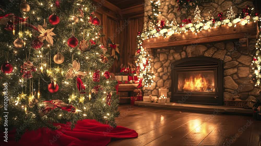 Beautifully Decorated Tree with Fireplace Warmth and Bokeh Lights