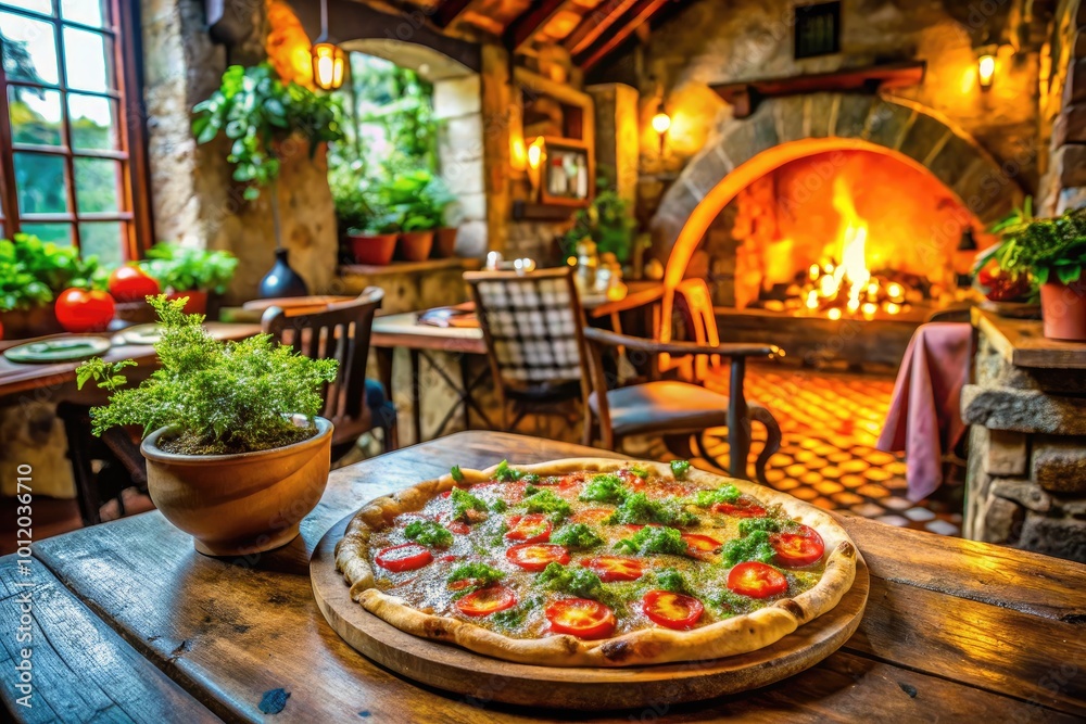 Fototapeta premium Cozy Italian Pizzeria with Freshly Baked Pizza, Rustic Decor, and Authentic Culinary Vibe