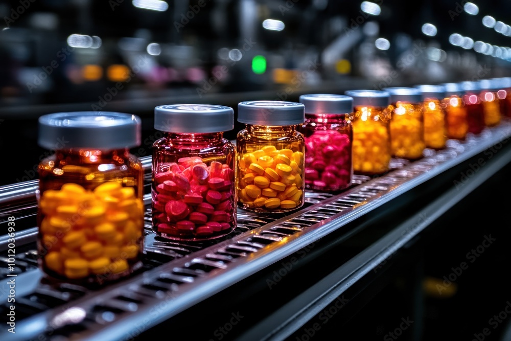 A row of amber glass bottles filled with pink and yellow pills moves along a conveyor belt in a pharmaceutical factory. A row of amber glass bottles filled with pink and yellow pills moves along a conveyor belt in a pharmaceutical factory.
