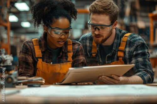 African American woman and Caucasian man working together on project in woodworking shop. Wearing safety gear and engaged in discussion while reviewing plans on, Generative AI