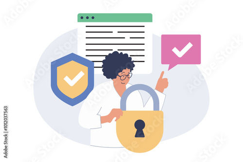 Cyber security concept in modern flat design for web. Woman using protective system with locking access, password verification and identification for personal information safety. Vector illustration.