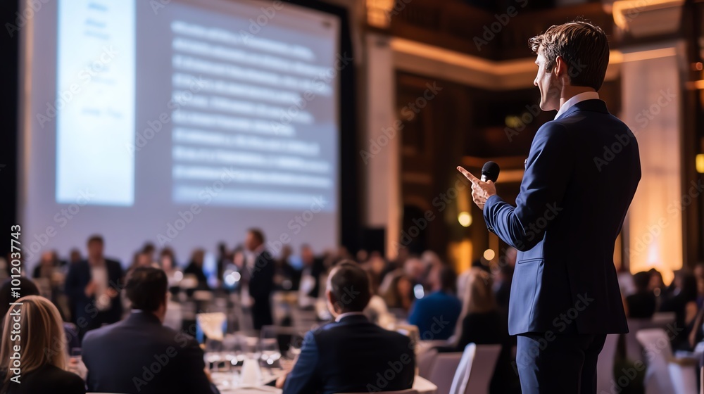 Professional speaker at a business conference delivering a presentation to a diverse audience in a modern auditorium setting. Professional speaker at a business conference delivering a presentation to a diverse audience in a modern auditorium setting.