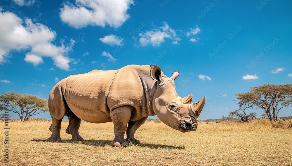 Obraz premium Majestic rhinoceros peacefully grazing in a serene landscape showcasing the beauty of wildlife.