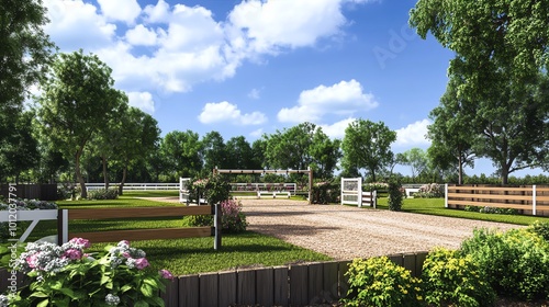 Scenic countryside entrance with wooden fences, lush greenery, and a clear blue sky on a tranquil sunny day.