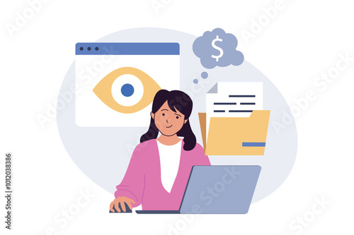 Cyber security concept in modern flat design for web. Woman using protective system for personal information safety with password verification and eye surveillance at laptop. Vector illustration.