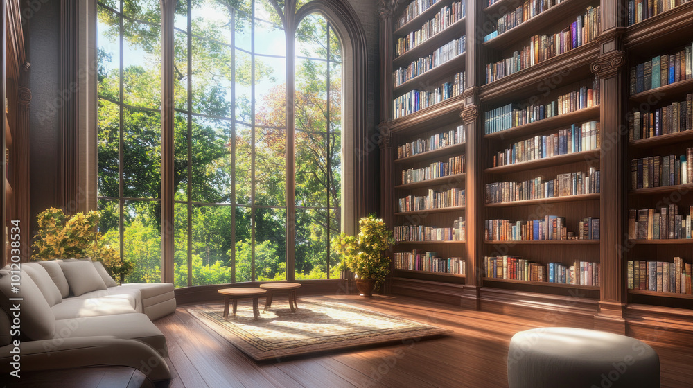A serene moment in a cozy library with sunlight streaming through large windows showcasing a lush garden view A serene moment in a cozy library with sunlight streaming through large windows showcasing a lush garden view