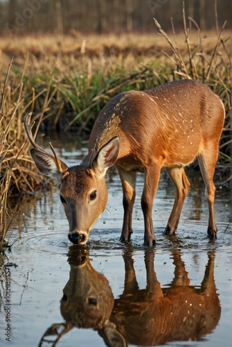 Roe deer capreolus capreolus drinking from splash with reflection in water female mammal bending neck to the marsh in spring hind standing on flood in sunligt drinks photo