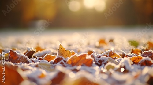 Autumn leaves covered in frost with the sun shining in the background.