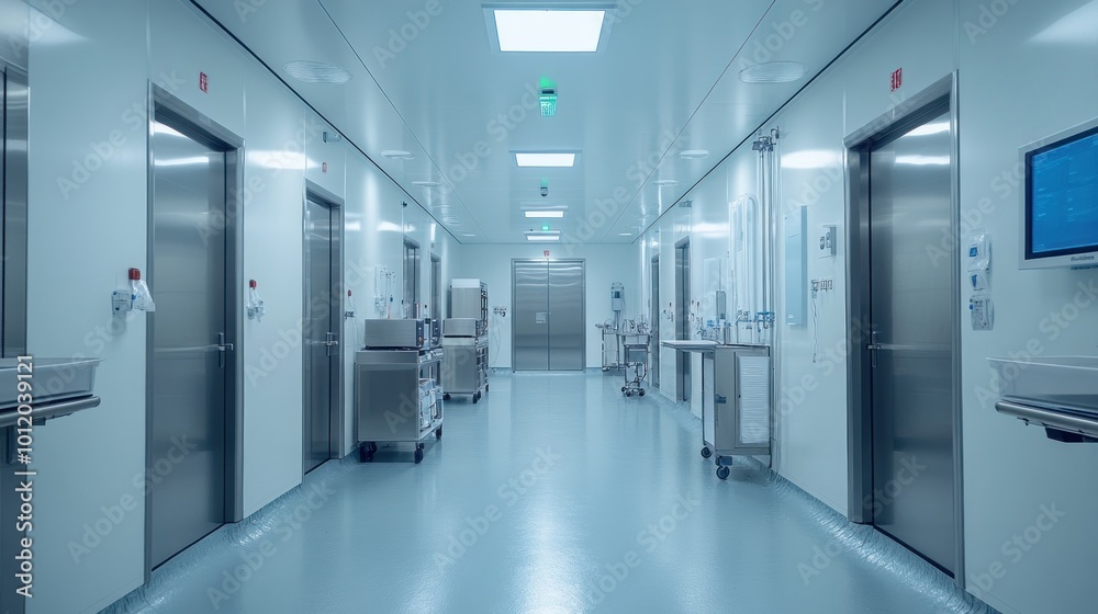 A sterile hallway in a modern hospital or medical facility, with stainless steel doors and carts, bright lights, and a blue tiled floor. A sterile hallway in a modern hospital or medical facility, with stainless steel doors and carts, bright lights, and a blue tiled floor.