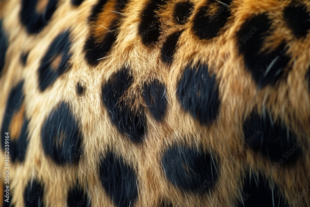 Close-up of a leopard's fur showcasing striking yellow and black spots, demonstrating the animal's unique coat pattern in its natural habitat during daylight hours Close-up of a leopard's fur showcasing striking yellow and black spots, demonstrating the animal's unique coat pattern in its natural habitat during daylight hours