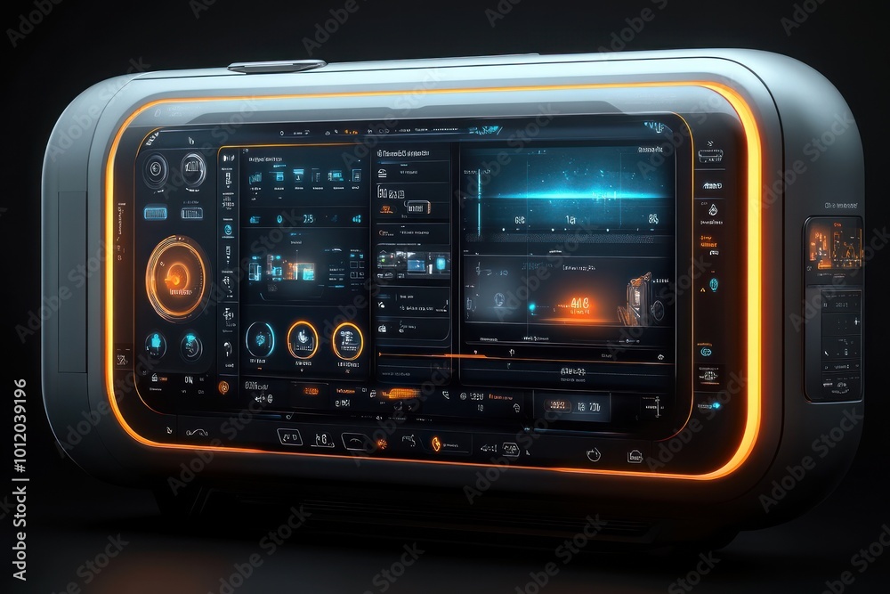 Fototapeta premium Futuristic technology interface with glowing orange accents and various data visualizations.