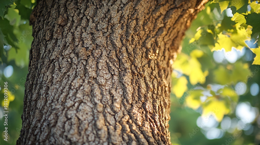 Obraz premium Close up of a tree trunk with sunlight shining through leaves.