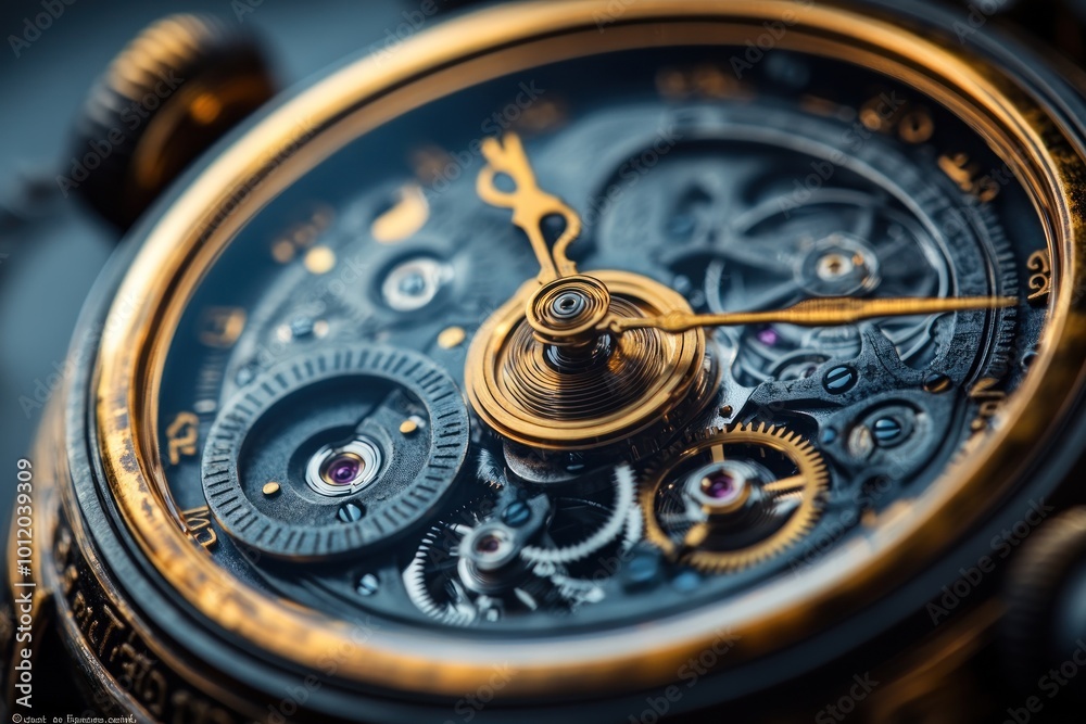 Close-up of a complex, intricate, and detailed mechanical watch face with gold gears and a black background.