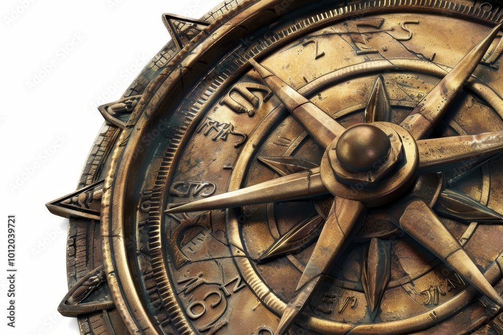 Naklejka premium A weathered compass with a detailed design, showcasing a vintage aesthetic and metallic finish, resting on a textured surface in a softly lit environment
