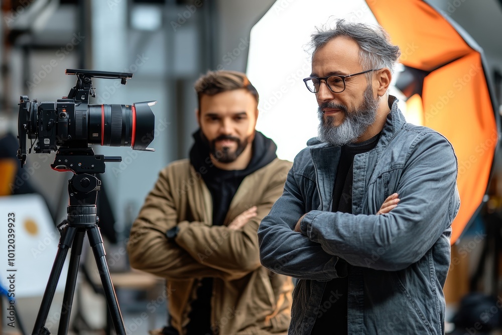 Portrait of two photographers working as team on product photoshoot in studio, Generative AI Portrait of two photographers working as team on product photoshoot in studio, Generative AI