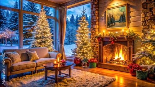 Cozy winter scene with snow-covered trees and a warm fireplace glowing in the inviting living room