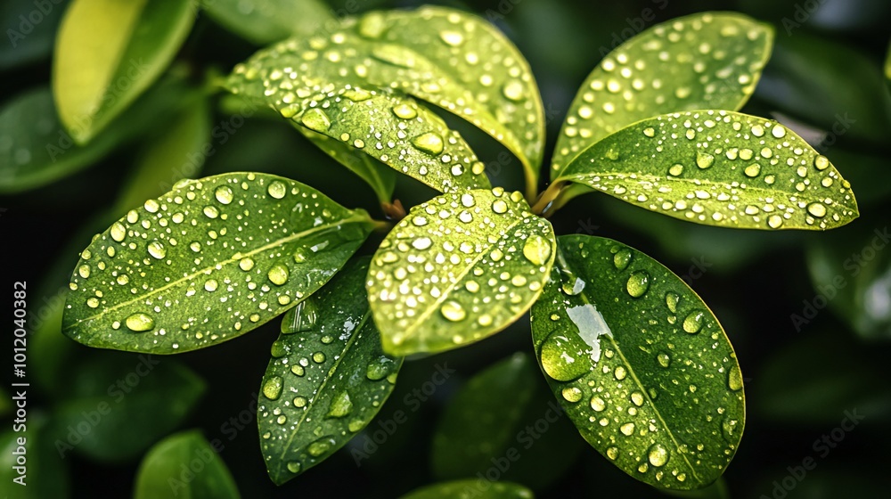 Close-up of green leaves with dew drops.