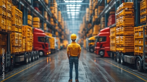 A lone worker in a yellow hard hat stands in a large warehouse with rows of semi-trailer trucks and shelves full of boxes. photo