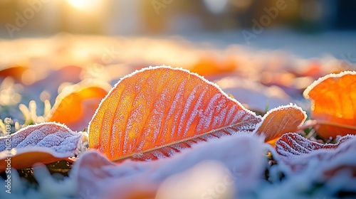 Close-up of frosted leaves in the morning sunlight.