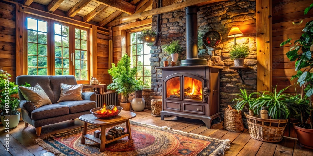 Cozy wood stove in a beautifully decorated living room with warm ambiance and rustic charm Cozy wood stove in a beautifully decorated living room with warm ambiance and rustic charm