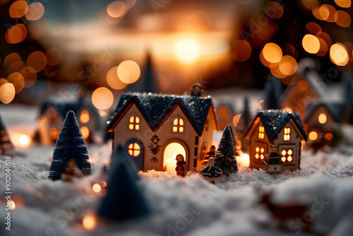 Enchanting Christmas Decor with Candlelit Wooden Houses and Snowy Landscape photo