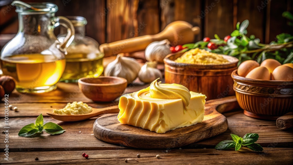 Creamy butter and rich oil in a rustic kitchen setting for cooking and culinary inspiration Creamy butter and rich oil in a rustic kitchen setting for cooking and culinary inspiration