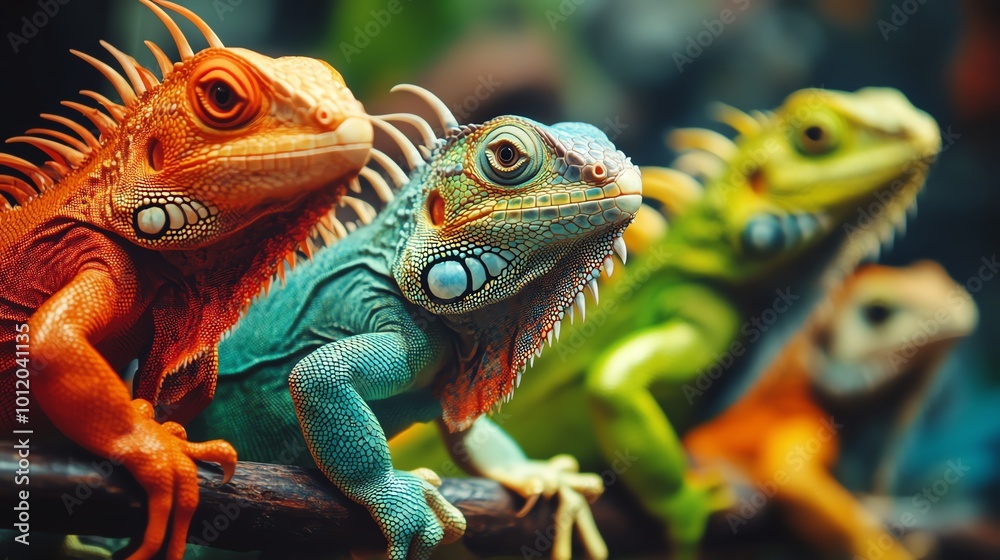 Obraz premium Vibrant iguanas in vivid colors perched on a branch, showcasing their unique patterns and textures in a tropical setting.