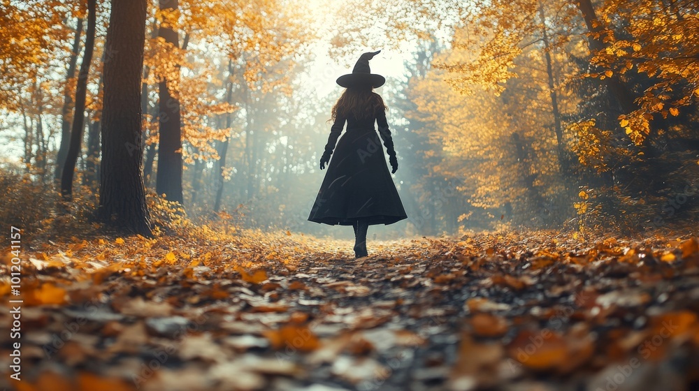 Whimsical Witch Walking in Autumn Forest Among Golden Leaves for Enchanting Halloween Scene Whimsical Witch Walking in Autumn Forest Among Golden Leaves for Enchanting Halloween Scene