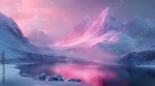 Snowy Mountains with Pink Sunset and Lake - Realistic 3D Illustration