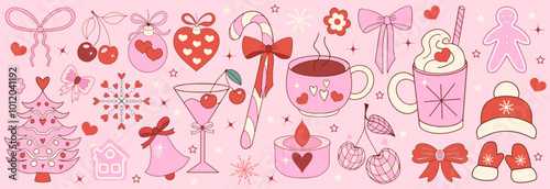 Pink girly coquette christmas set. Merry christmas and happy new year Lovely cute collection, christmas tree decorations with bows, pink ribbon. Vector illustration