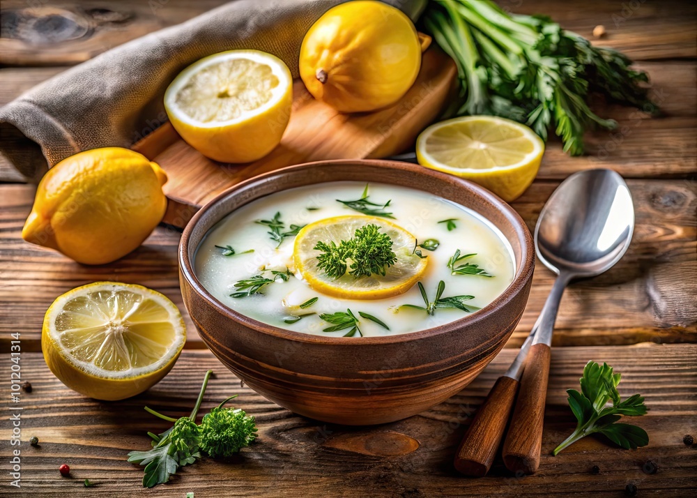 Creamy White Soup with Fresh Lemon Slices and Herbs on a Rustic Wooden Table Background Creamy White Soup with Fresh Lemon Slices and Herbs on a Rustic Wooden Table Background