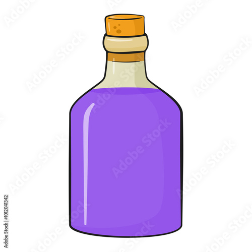 Bottle with cork and purple liquid. Cartoon. Halloween decoration photo