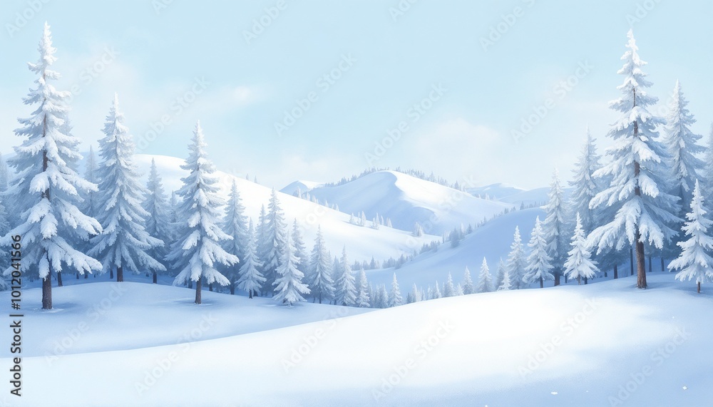 Serene winter landscape with snow-covered trees and hills, ideal for peaceful backgrounds Serene winter landscape with snow-covered trees and hills, ideal for peaceful backgrounds