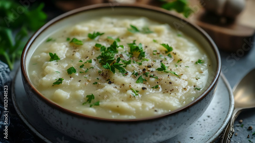 Creamy Potato Soup with Parsley and Pepper - Food Photography